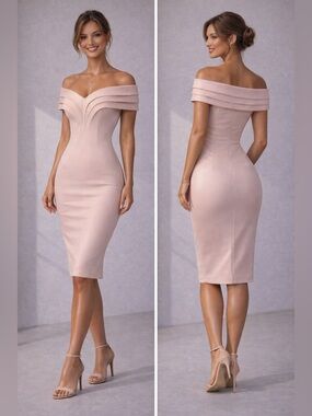 Marciano Blush Off Shoulder Bodycon Midi Dress | Elegant Cocktail Dress